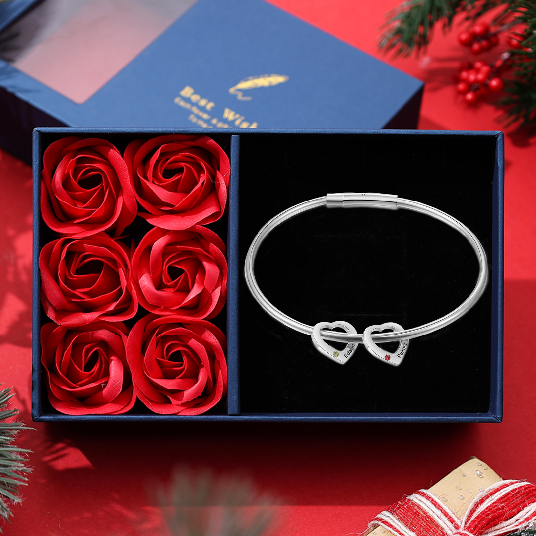 Personalised Heart Bracelet With 2 Birthstones Engraved Names Bracelet Gift For Women-Jessemade AU