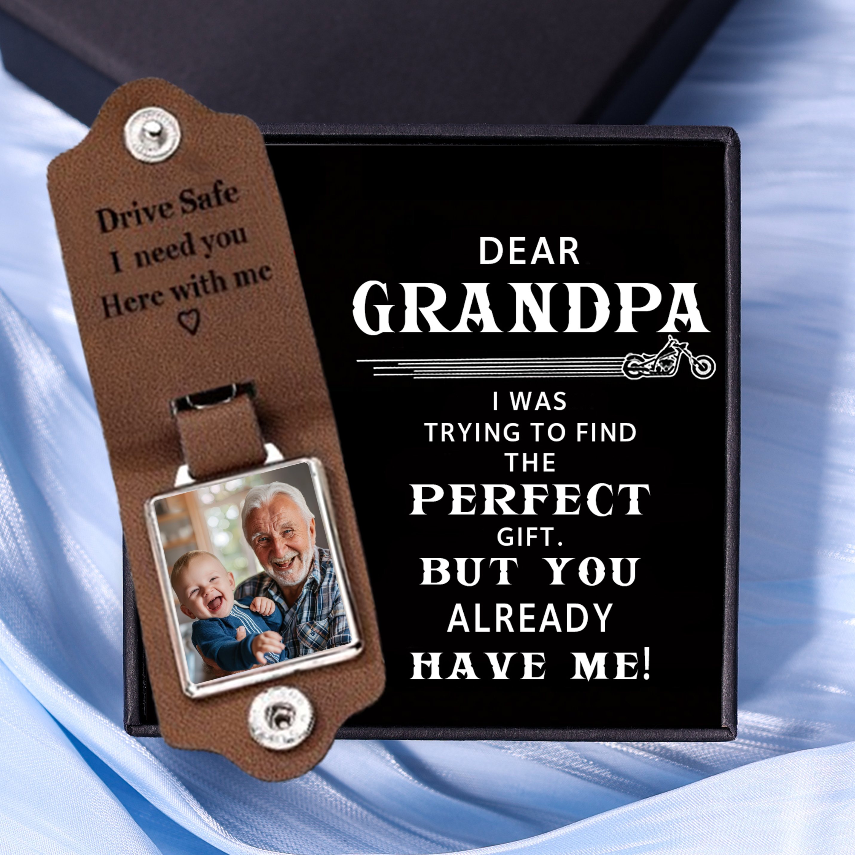 Personalised Photo & Text Keychain Leather Keyring Gifts for Grandpa/Poppy - Drive Safe, I Need You Here With Me
