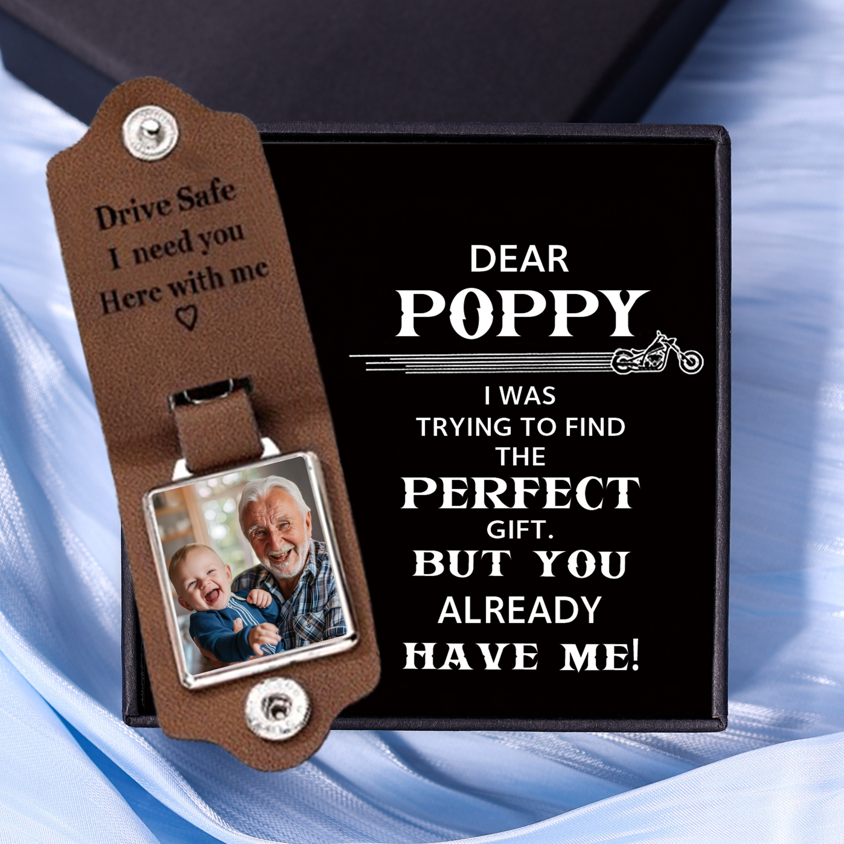 Personalised Photo & Text Keychain Leather Keyring Gifts for Grandpa/Poppy - Drive Safe, I Need You Here With Me
