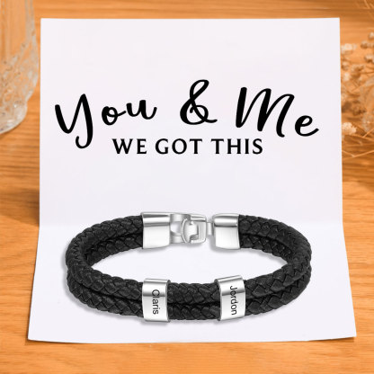 Men Leather Bracelet with Beads Engraved 2 Names Two Layers Bracelet Gifts For Him Valentine Gift