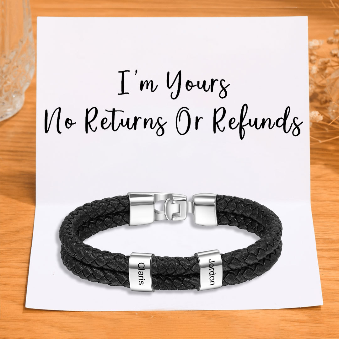 Men Leather Bracelet with Beads Engraved 2 Names Two Layers Bracelet Gifts For Him Valentine Gift