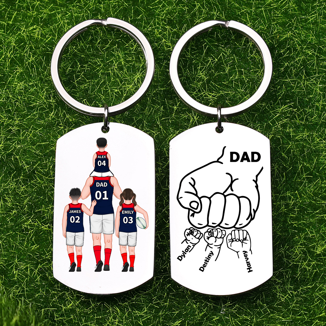 Personalised Australian Rules Football Family Keychain Custom 2–4 Names Fist Bump Keychain Fathers Day Gift for Dad/Grandpa