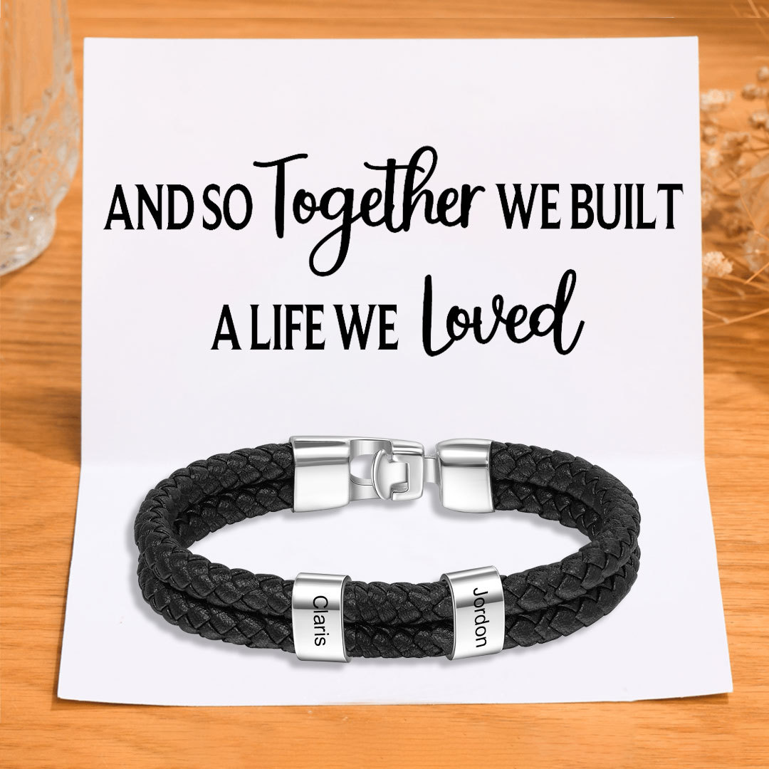 Men Leather Bracelet with Beads Engraved 2 Names Two Layers Bracelet Gifts For Him Valentine Gift