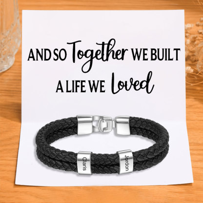 Men Leather Bracelet with Beads Engraved 2 Names Two Layers Bracelet Gifts For Him Valentine Gift