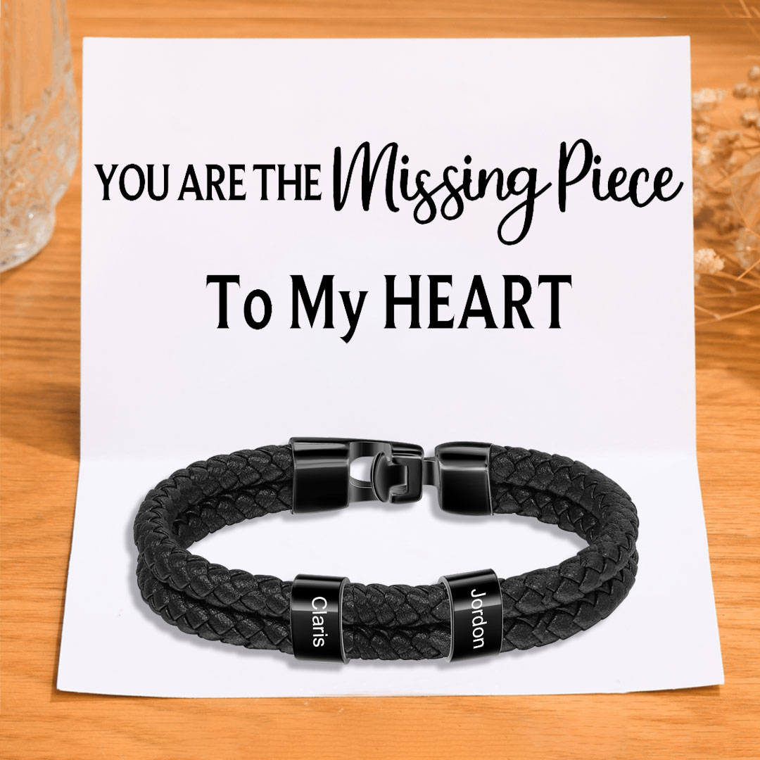 Men Leather Bracelet with Beads Engraved 2 Names Two Layers Bracelet Gifts For Him Valentine Gift