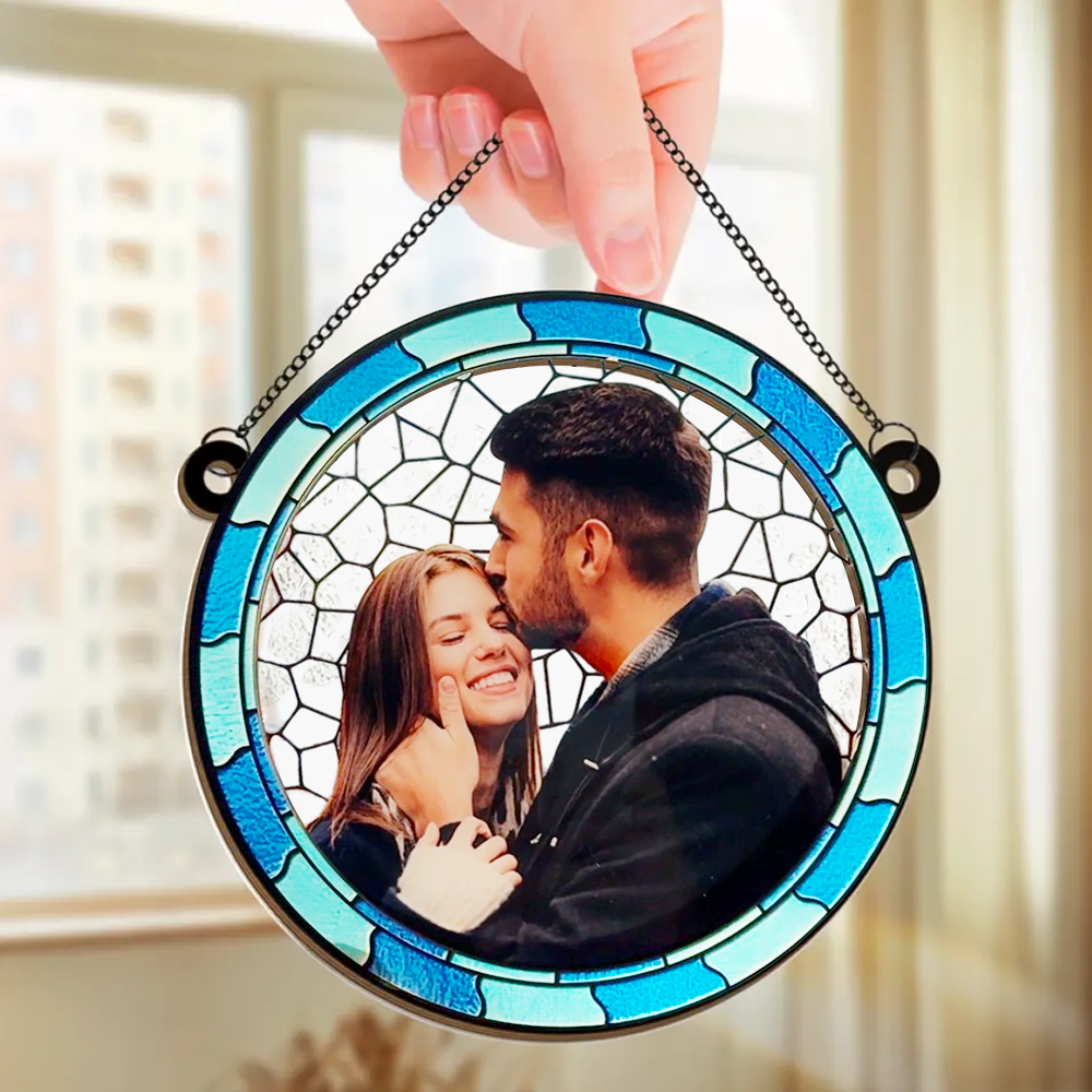 Custom Photo Where There Is Love There Is Life Couple Personalised Window Hanging Suncatcher Ornament Gift For Husband Wife