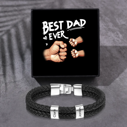 Personalised Braided Leather Mens Bracelet With Custom Engraved 1-6 Kids Names - Father's Day Gift for Dad | Jessemade