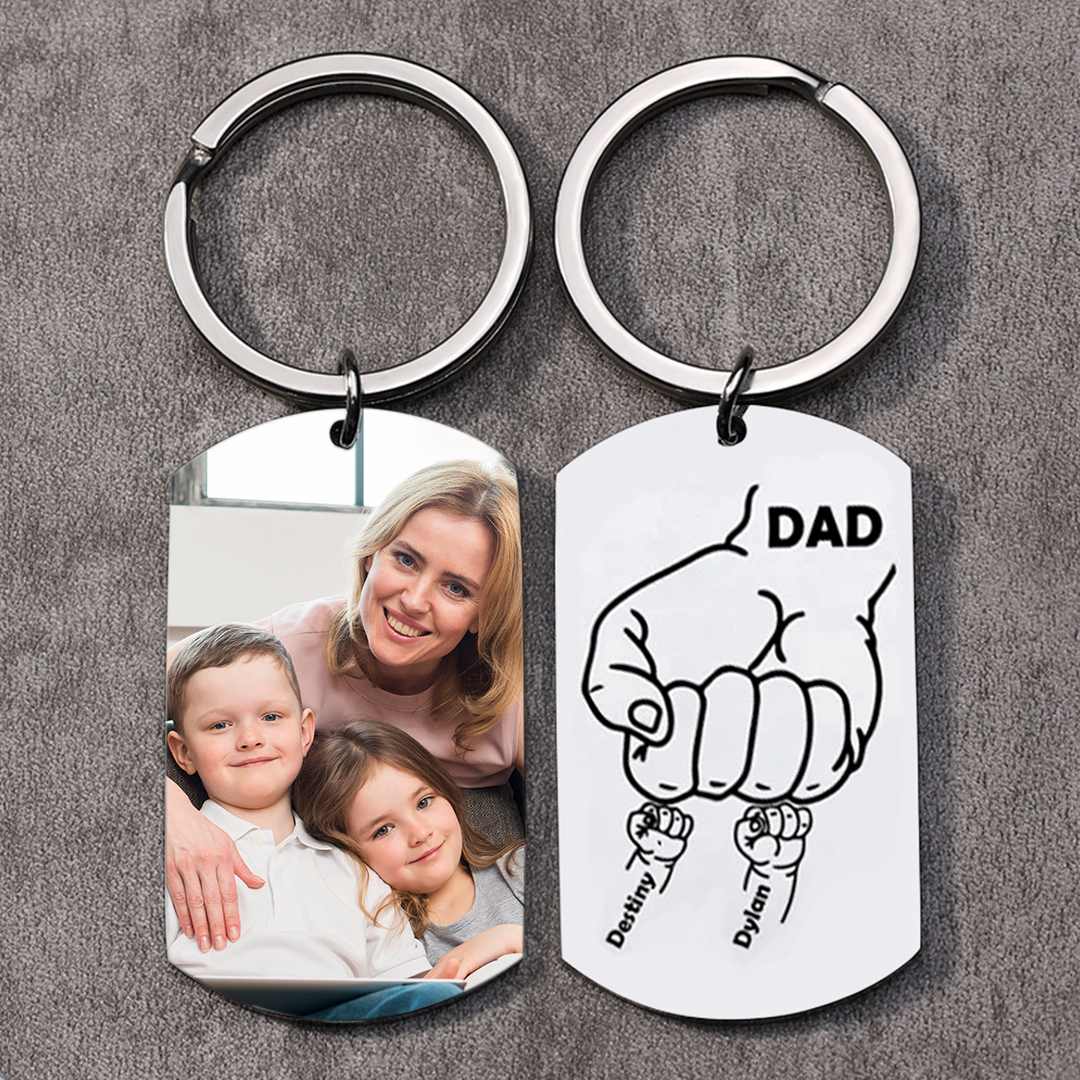 Dad Fist Bump Personalised Photo Keychain Engrave 2 Names Father's Day Gifts