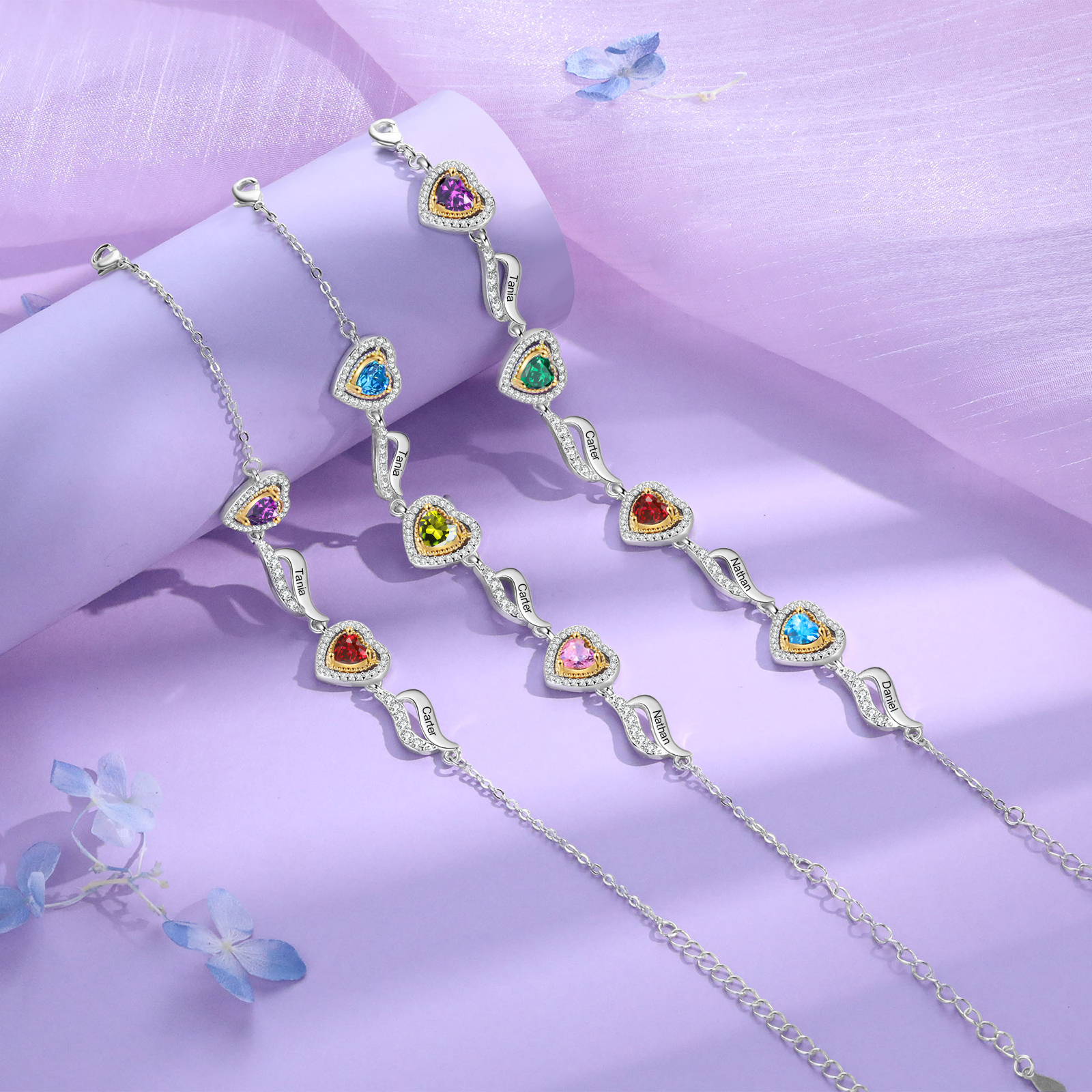 Personalised Birthstone Bracelet Custom 3 Birthstones and Names Heart Bracelet for Friends & Family Ideal Christmas Gift-Jessemade AU