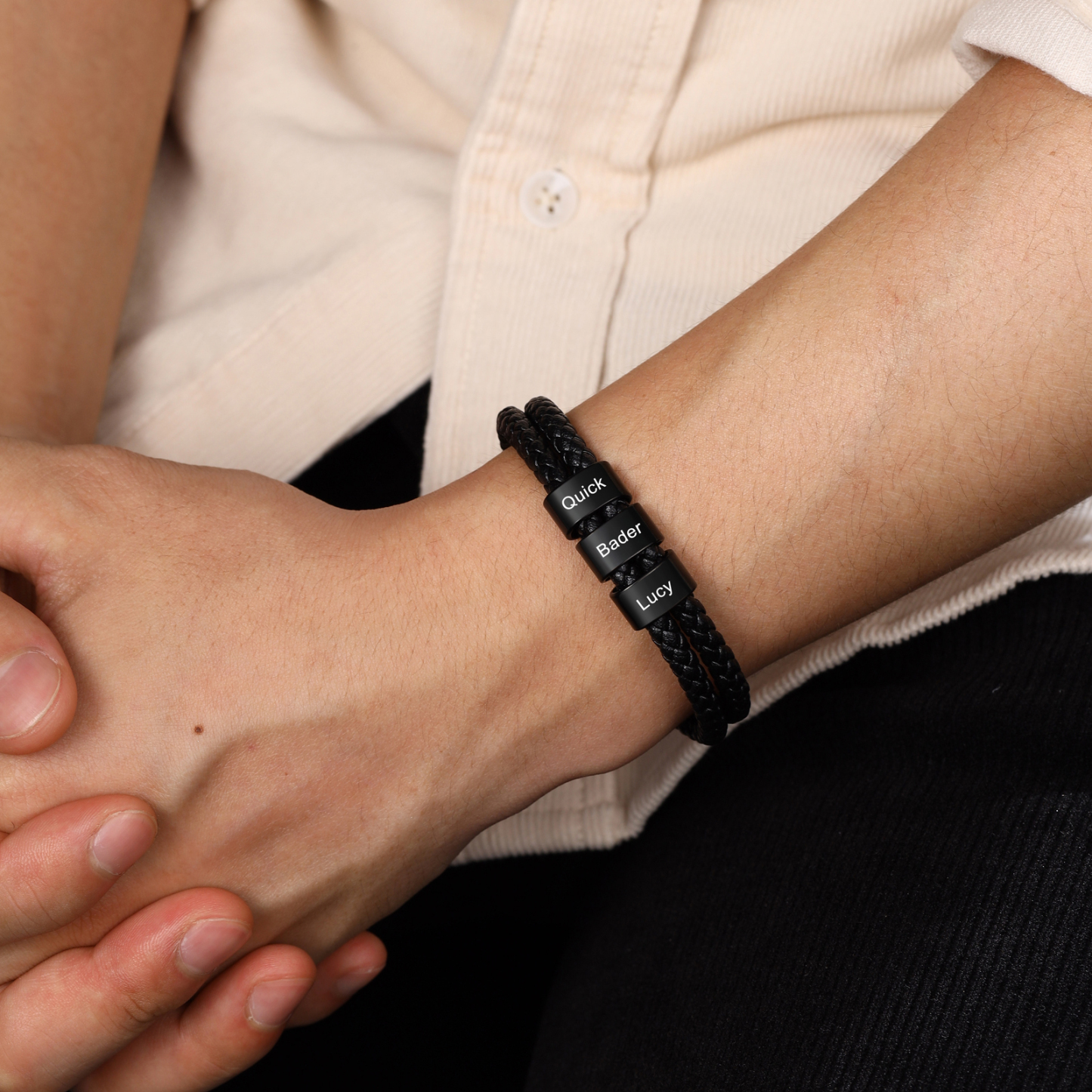 Personalised Braided Leather Bracelet Engraved 3 Names Men's Bracelet for Him-Jessemade AU