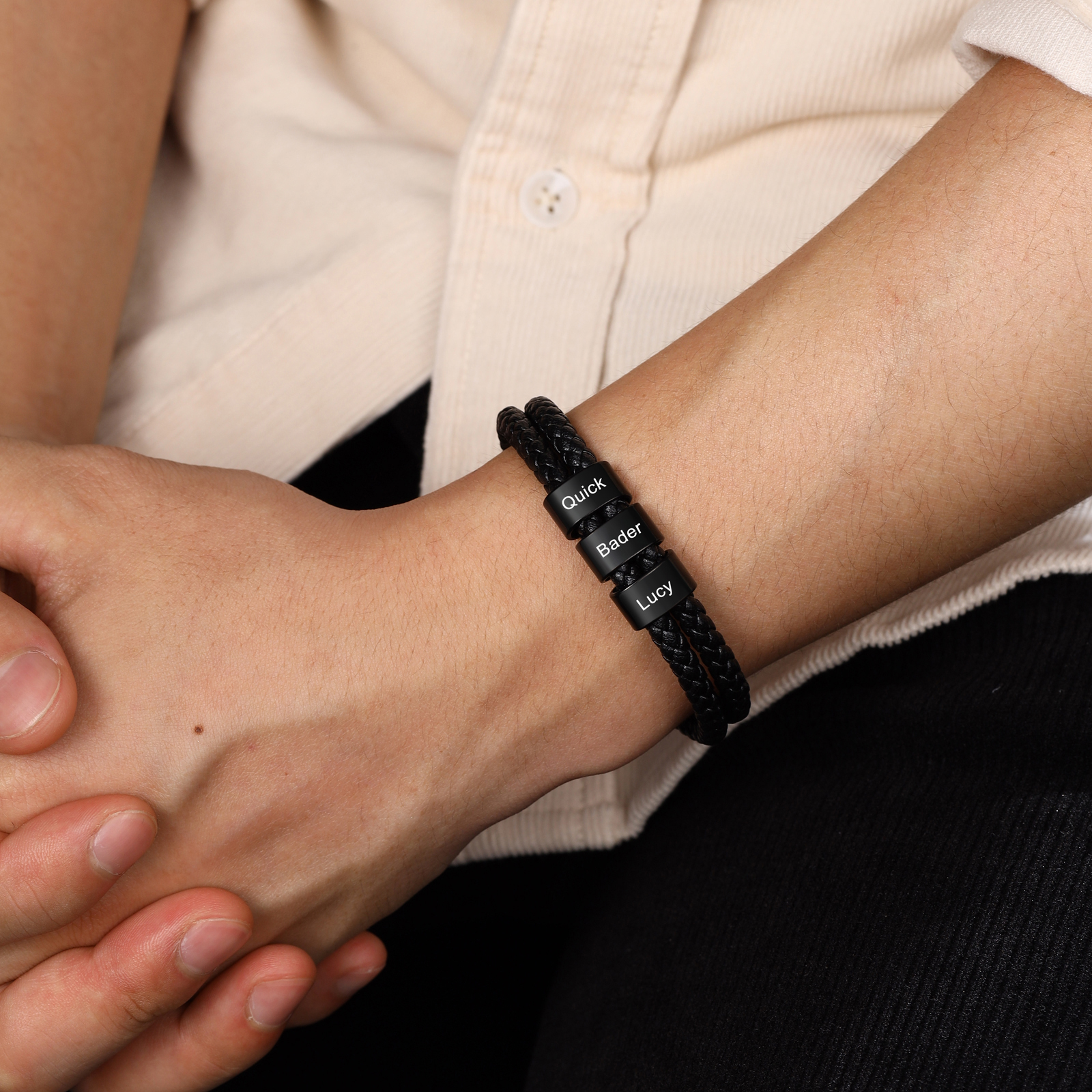 Personalised Braided Leather Bracelet Engraved 3 Names Men's Bracelet for Him-Jessemade AU