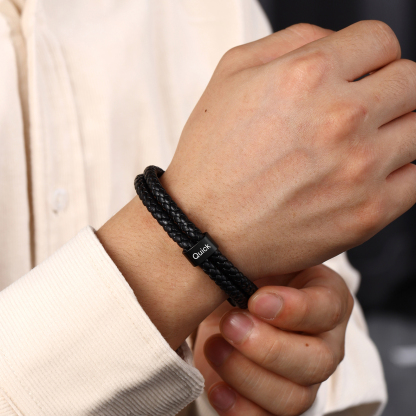 Personalised Braided Leather Bracelet Engraved 1 Name Men's Bracelet Gifts For Him-Jessemade AU