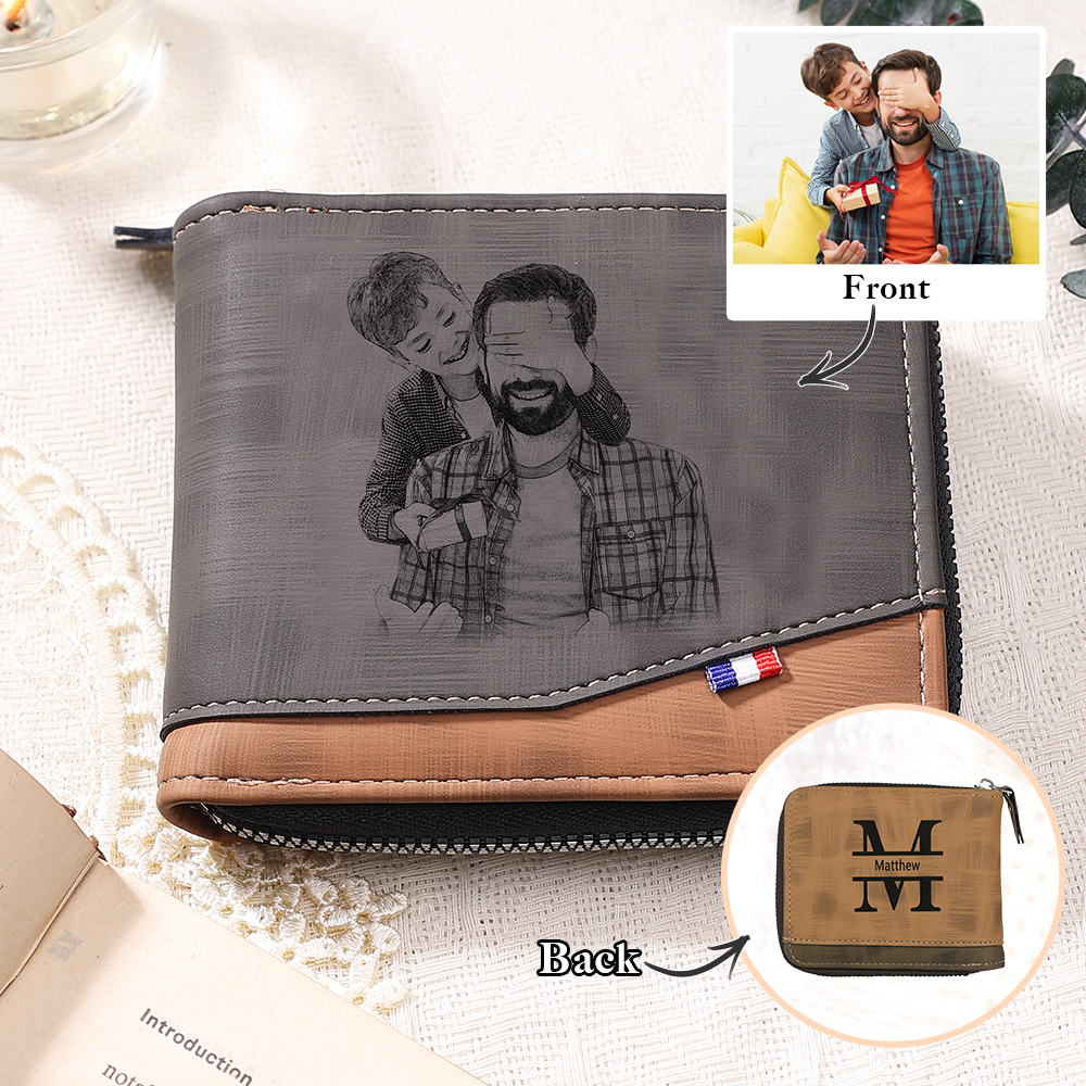 Personalised Photo & Name & Letter Billfold Wallet Monogram Leather Wallet Zipper Men's Wallet Father's Day Gifts