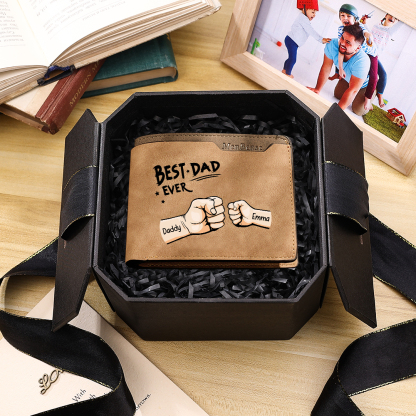 Best Dad Ever - Custom 2 Names & 1 Text Billfold Wallet Personalised Fist Bump Men's Leather Wallet