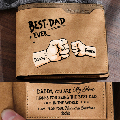 Best Dad Ever - Custom 2 Names & 1 Text Billfold Wallet Personalised Fist Bump Men's Leather Wallet