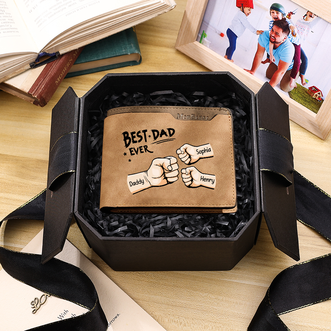 Best Dad Ever - Custom 3 Names & 1 Text Billfold Wallet Personalised Fist Bump Men's Leather Wallet