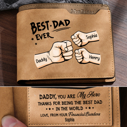 Best Dad Ever - Custom 3 Names & 1 Text Billfold Wallet Personalised Fist Bump Men's Leather Wallet