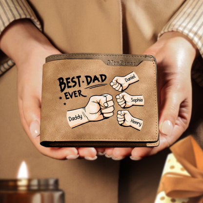 Best Dad Ever - Custom 4 Names & 1 Text Billfold Wallet Personalised Fist Bump Men's Leather Wallet