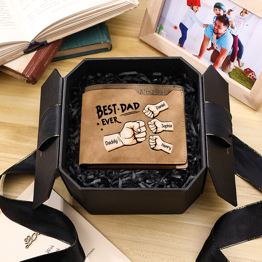 Best Dad Ever - Custom 4 Names & 1 Text Billfold Wallet Personalised Fist Bump Men's Leather Wallet