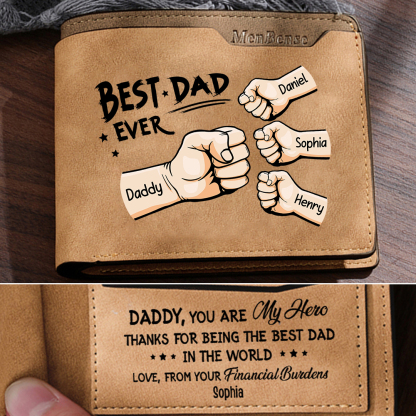 Best Dad Ever - Custom 4 Names & 1 Text Billfold Wallet Personalised Fist Bump Men's Leather Wallet