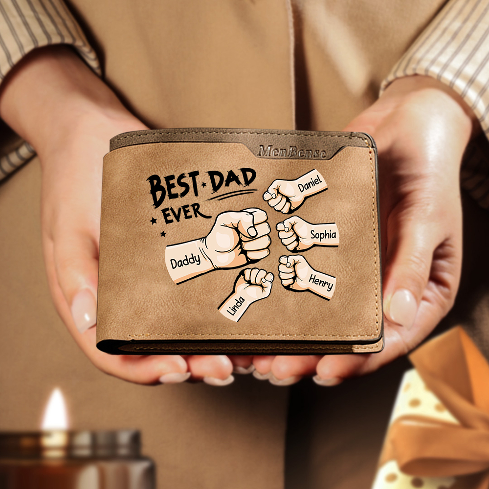 Best Dad Ever - Custom 5 Names & 1 Text Billfold Wallet Personalised Fist Bump Men's Leather Wallet