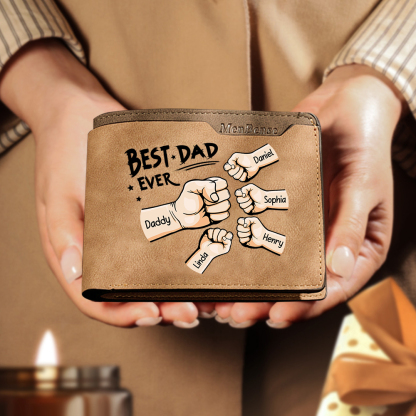 Best Dad Ever - Custom 5 Names & 1 Text Billfold Wallet Personalised Fist Bump Men's Leather Wallet