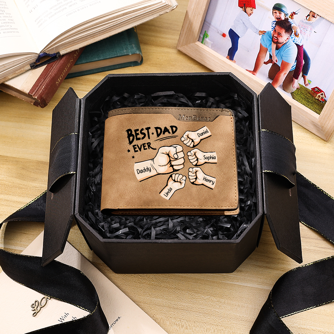 Best Dad Ever - Custom 5 Names & 1 Text Billfold Wallet Personalised Fist Bump Men's Leather Wallet-Jessemade AU