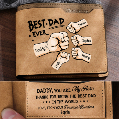 Best Dad Ever - Custom 5 Names & 1 Text Billfold Wallet Personalised Fist Bump Men's Leather Wallet