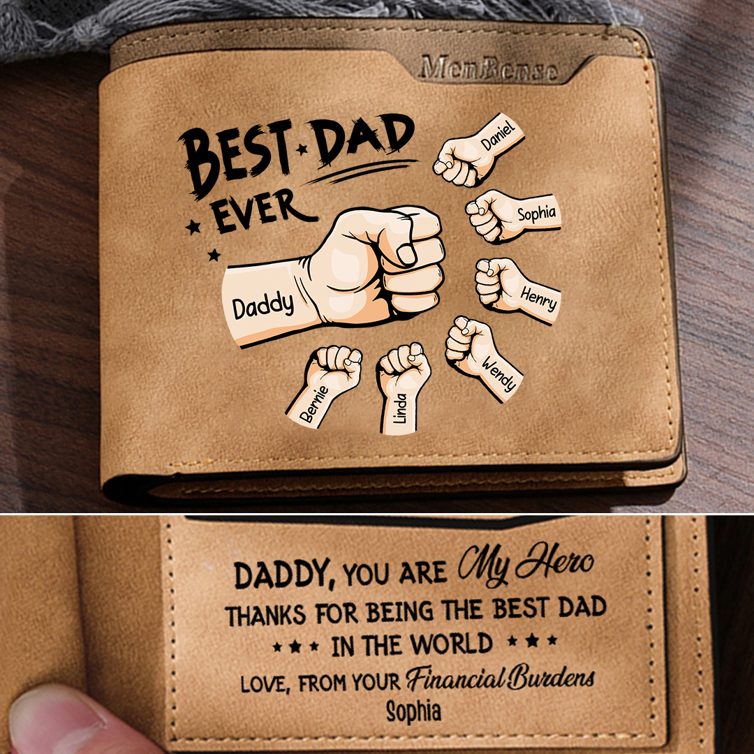 Best Dad Ever - Custom 7 Names & 1 Text Billfold Wallet Personalised Fist Bump Men's Leather Wallet