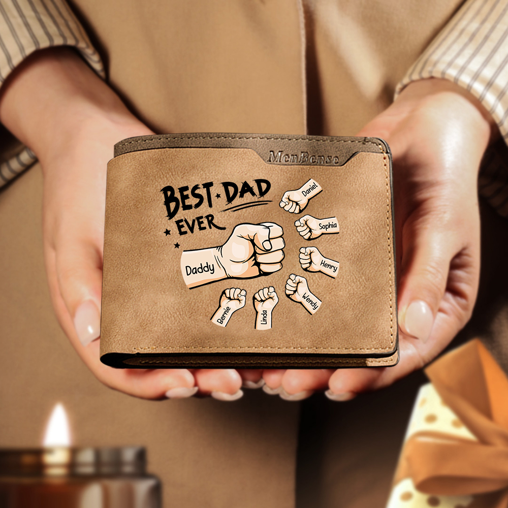 Best Dad Ever - Custom 7 Names & 1 Text Billfold Wallet Personalised Fist Bump Men's Leather Wallet-Jessemade AU