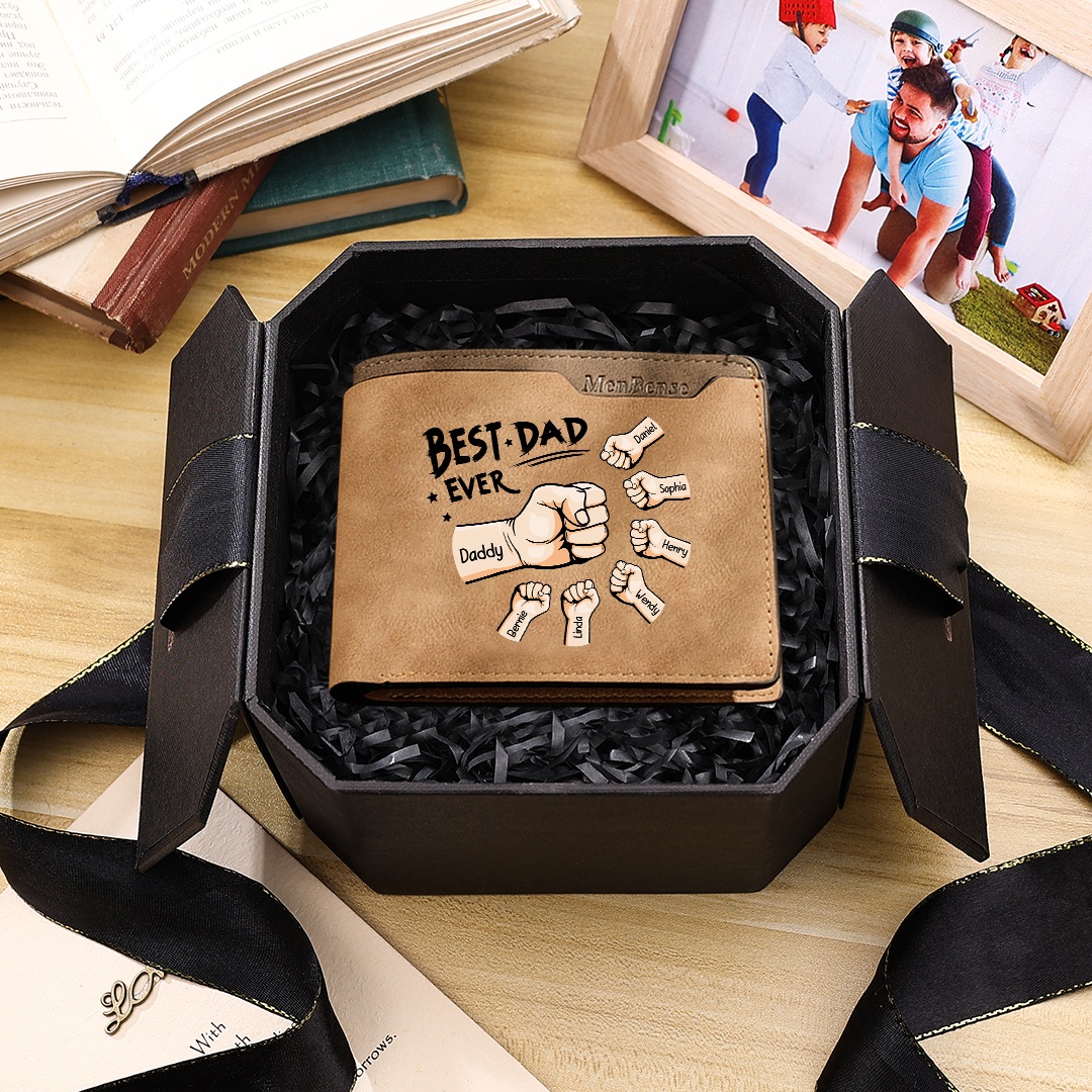 Best Dad Ever - Custom 7 Names & 1 Text Billfold Wallet Personalised Fist Bump Men's Leather Wallet