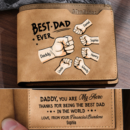 Best Dad Ever - Custom 6 Names & 1 Text Billfold Wallet Personalised Fist Bump Men's Leather Wallet
