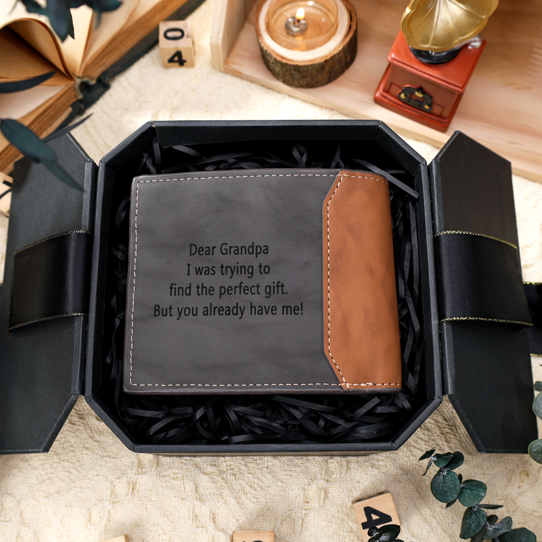 Personalized Photo & Text Men Wallet Custom Billfold Wallet Gray Gifts for Grandpa