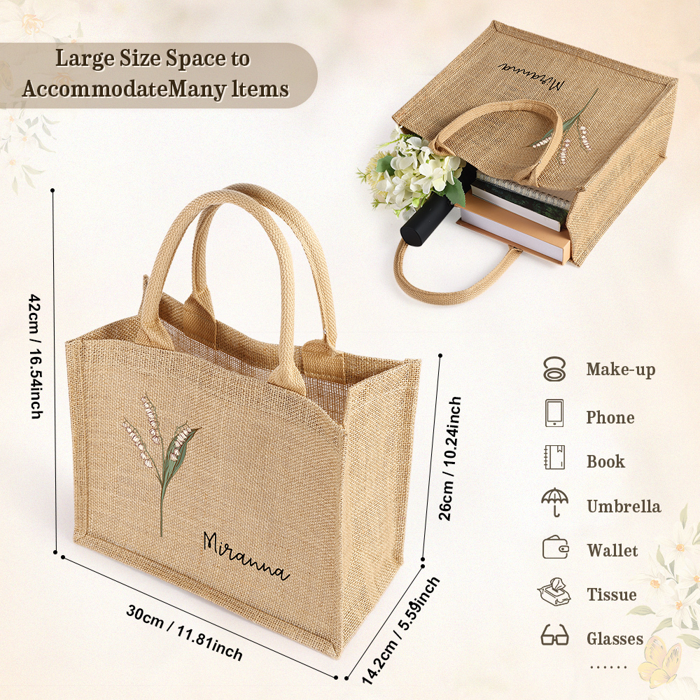 Personalised Birth Flower & Name Tote Bag Beach Jute Bag Birthday Wedding Party Travel Gift for Women/Girls-Jessemade AU