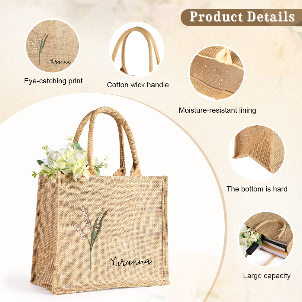 Personalised Birth Flower & Name Tote Bag Beach Jute Bag Birthday Wedding Party Travel Gift for Women/Girls-Jessemade AU