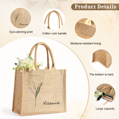 Personalised Birth Flower & Name Tote Bag Beach Jute Bag Birthday Wedding Party Travel Gift for Women/Girls-Jessemade AU