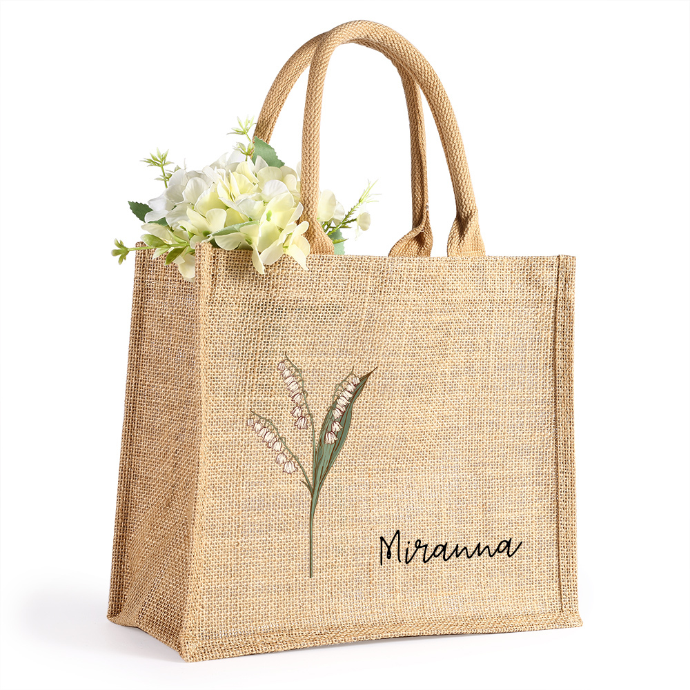 Personalised Birth Flower & Name Tote Bag Beach Jute Bag Birthday Wedding Party Travel Gift for Women/Girls-Jessemade AU