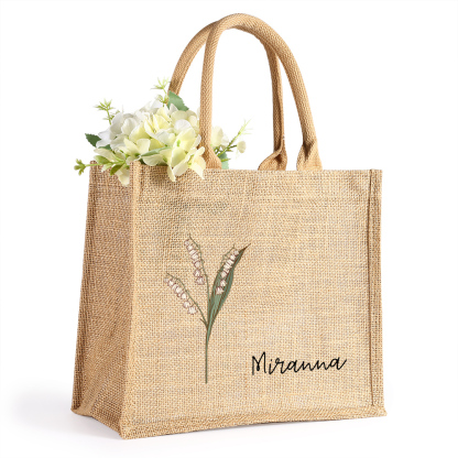 Personalised Birth Flower & Name Tote Bag Beach Jute Bag Birthday Wedding Party Travel Gift for Women/Girls-Jessemade AU