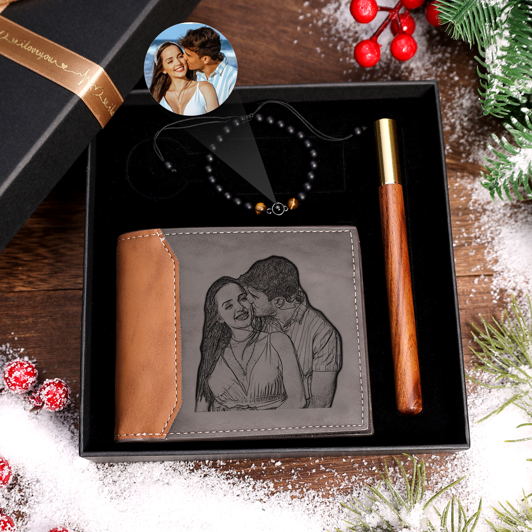 Personalised 2 Photo & 1 Letter & 1 Name Gift Set Custom Wallet & Tiger Eyes Bracelet & Pen Gift Box Set Christmas Gifts