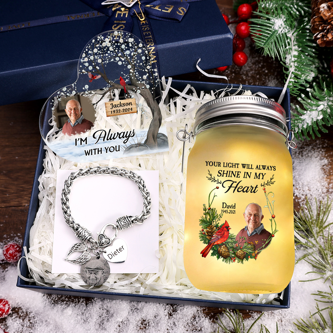 Personalised Memorial Gift Set with Mason Jar Angel Wing Bracelet Heart Acrylic Plaque Custom Photo & Name
