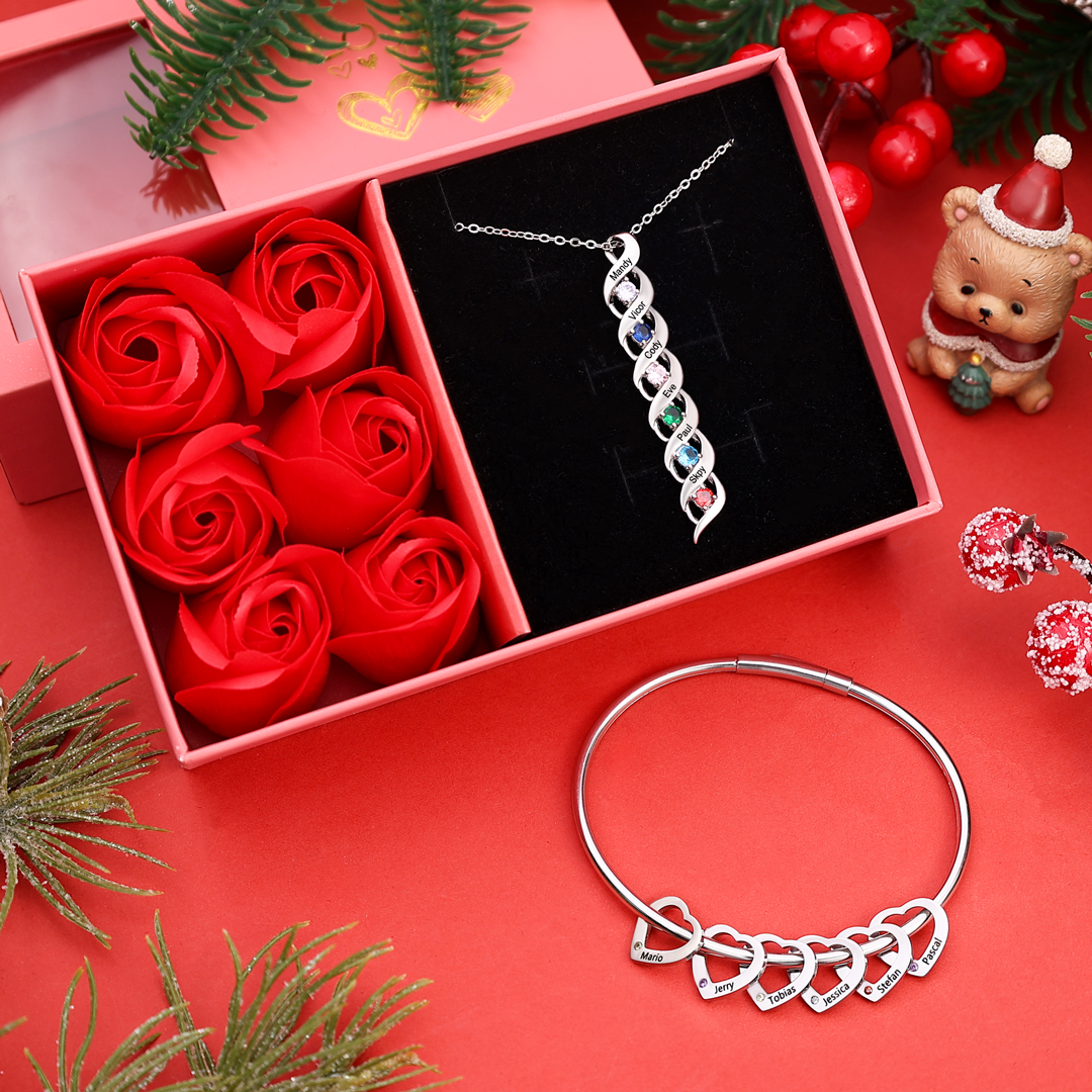 Personalised Birthstone Necklace Bracelet Set Cascading Pendant Heart Bangle Custom with 6 Birthstones 6 Names Christmas Gift