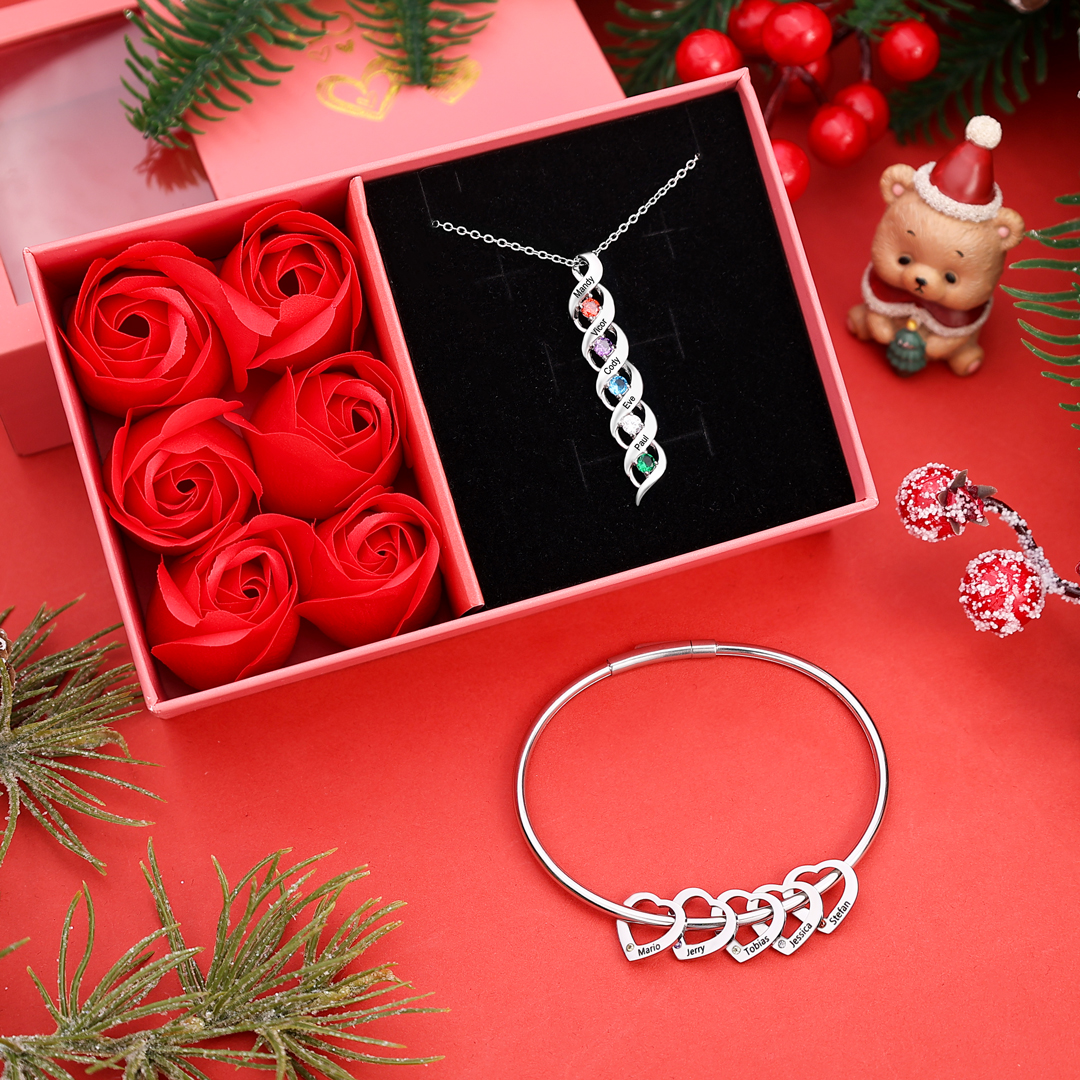 Personalised Birthstone Necklace Bracelet Set Cascading Pendant Heart Bangle Custom with 5 Birthstones 5 Names Christmas Gift