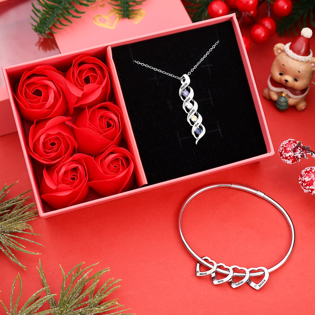 Personalised Birthstone Necklace Bracelet Set Cascading Pendant Heart Bangle Custom with 4 Birthstones 4 Names Christmas Gift