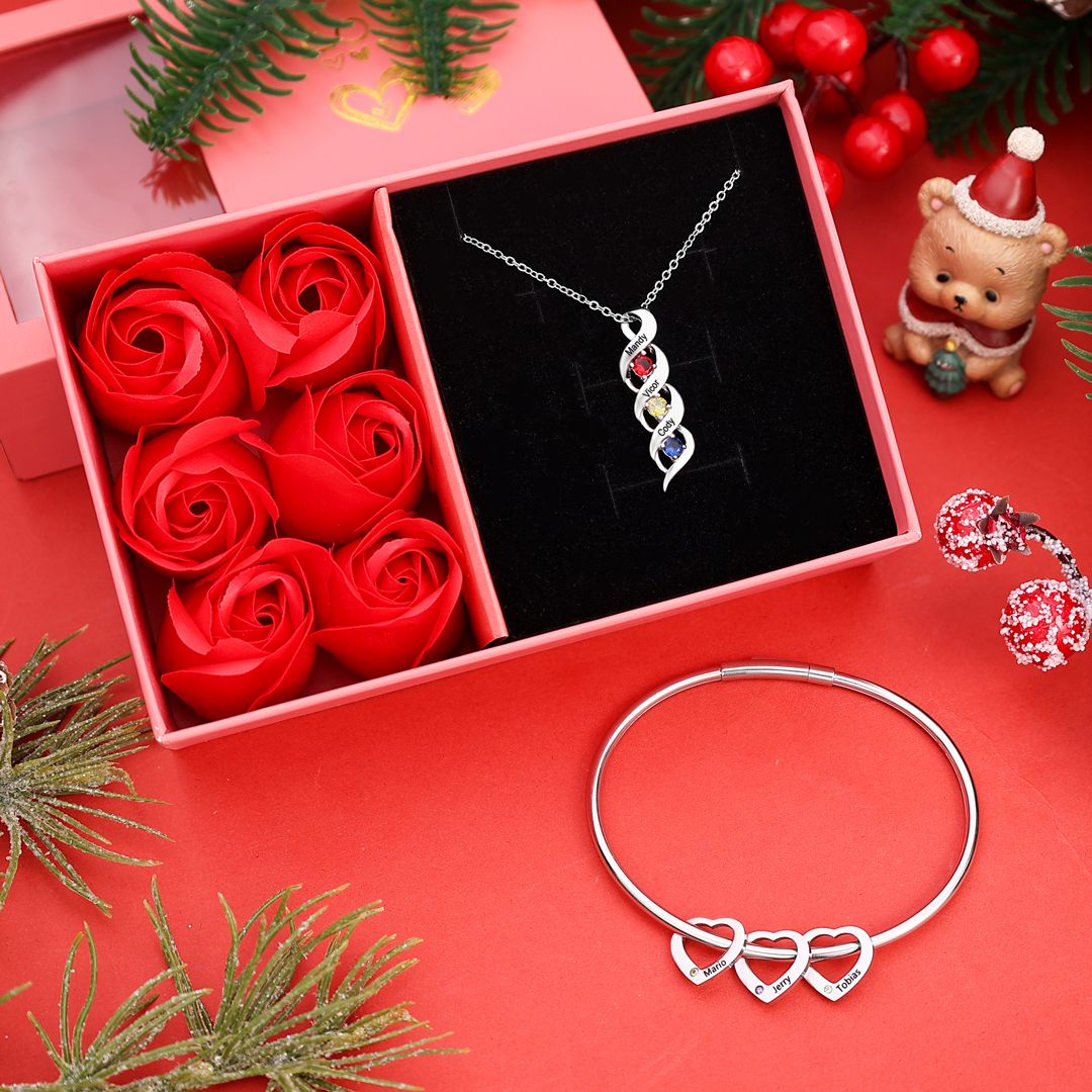 Personalised Birthstone Necklace Bracelet Set Cascading Pendant Heart Bangle Custom with 3 Birthstones 3 Names Christmas Gift