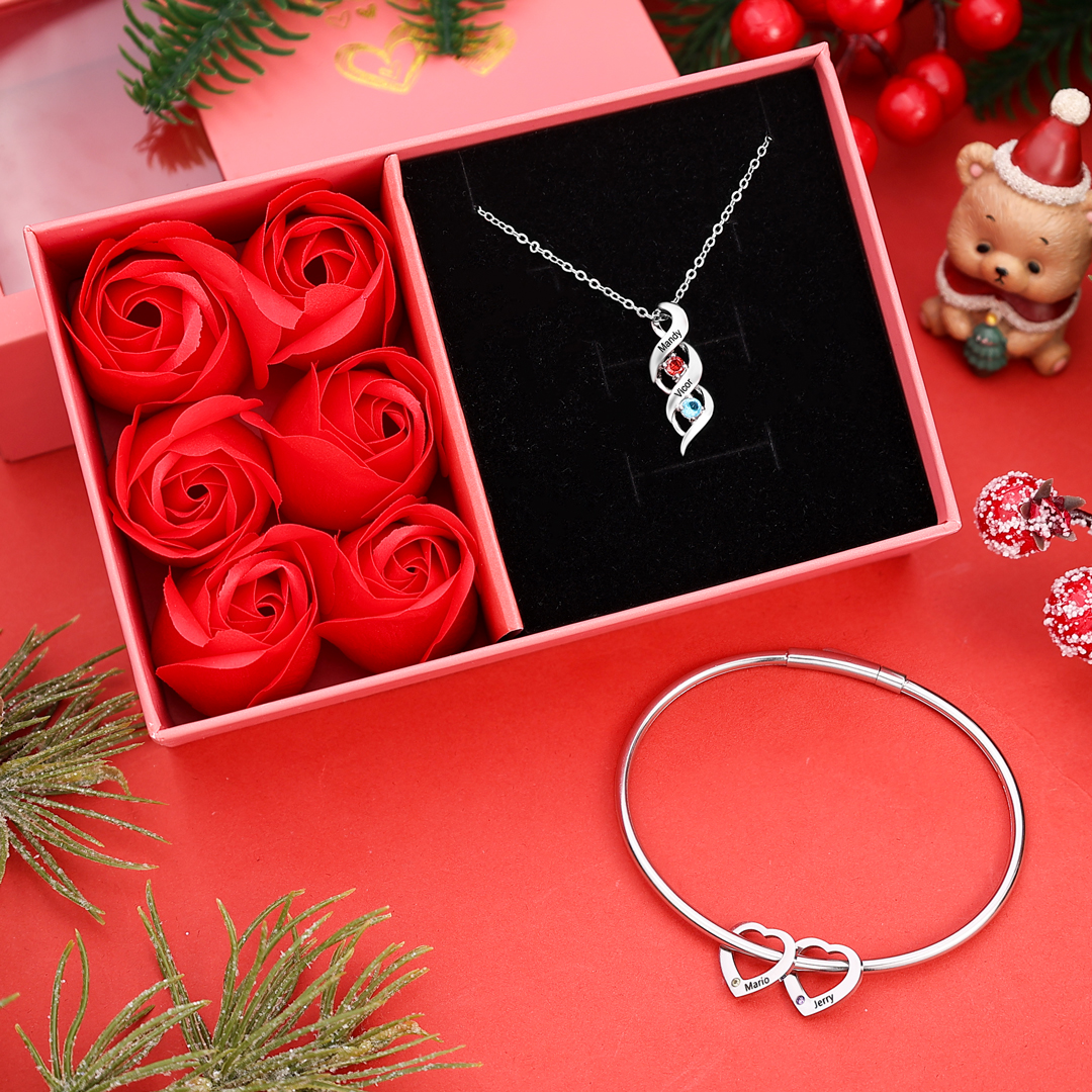 Personalised Birthstone Necklace Bracelet Set Cascading Pendant Heart Bangle Custom with 2 Birthstones 2 Names Christmas Gift