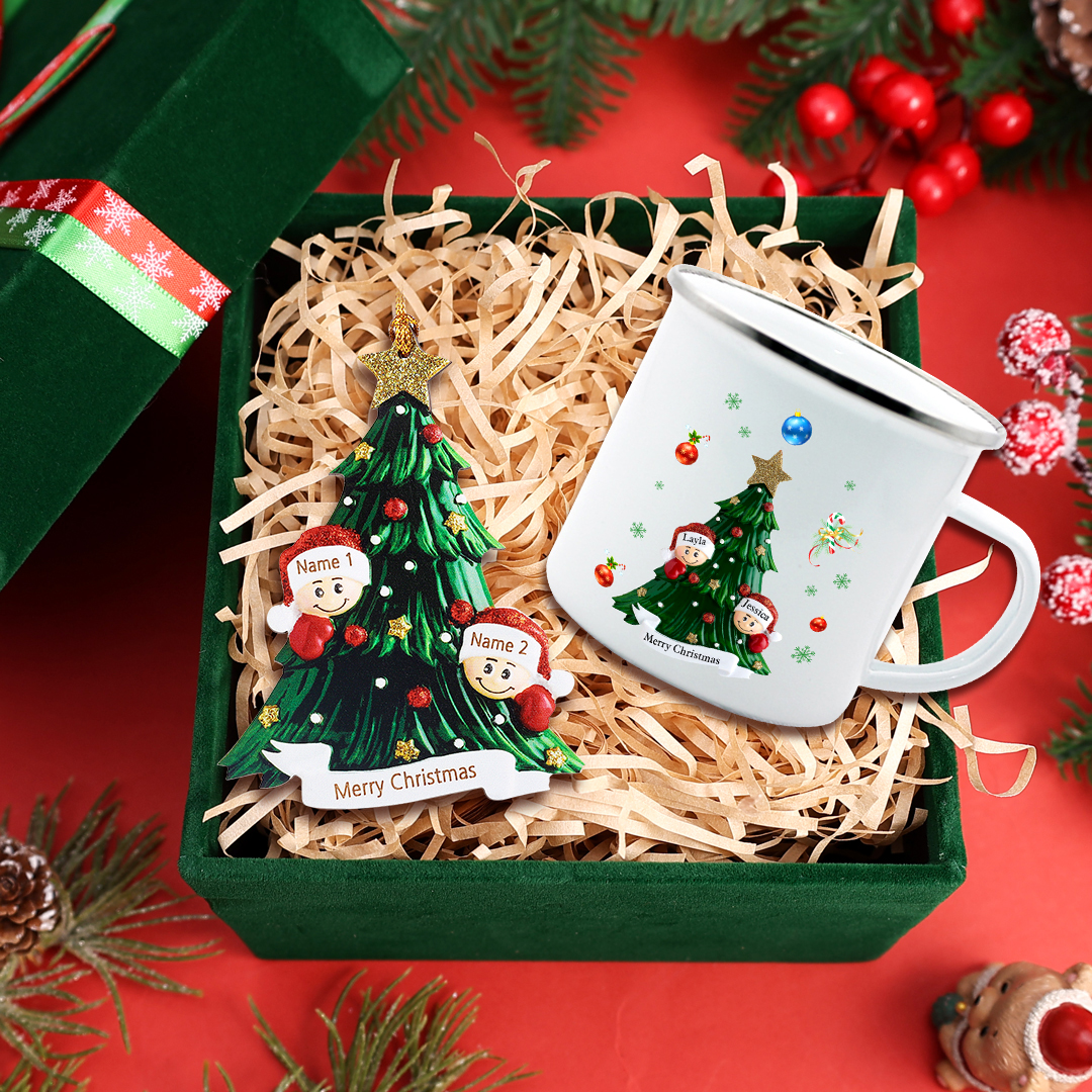 Personalised Family Christmas Tree Ornament Mug Set Custom 2 Names Gifts For Family