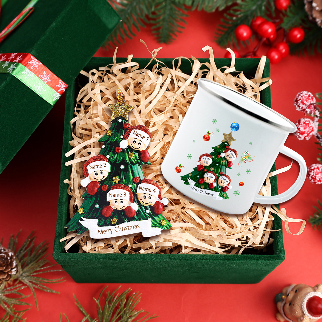 Personalised Family Christmas Tree Ornament Mug Set Custom 4 Names Gifts For Family