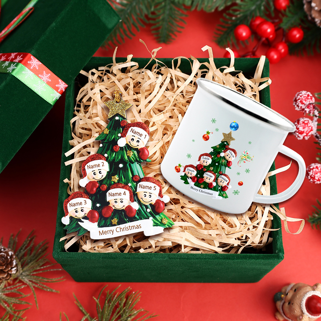 Personalised Family Christmas Tree Ornament Mug Set Custom 5 Names Gifts For Family