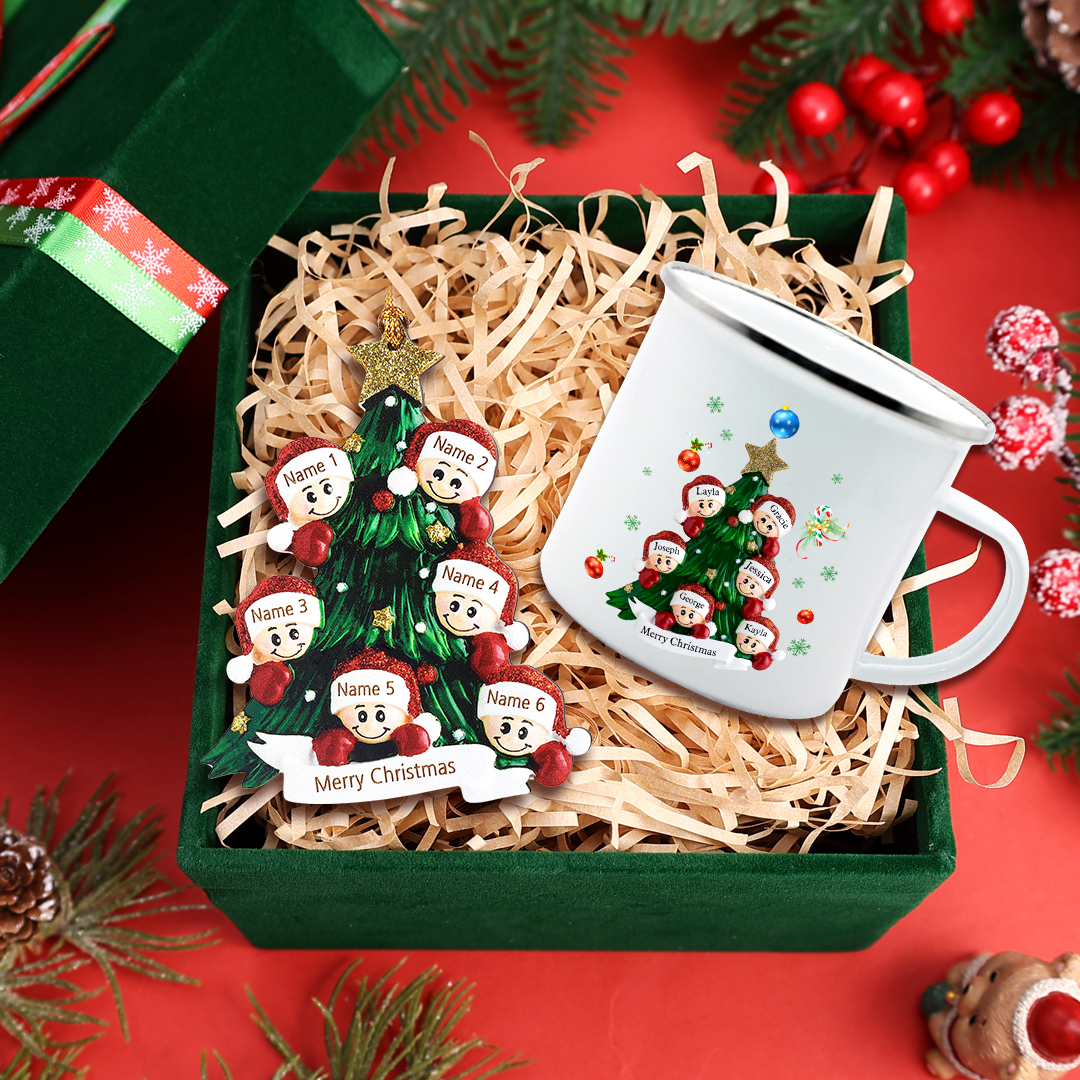 Personalised Family Christmas Tree Ornament Mug Set Custom 6 Names Gifts For Family