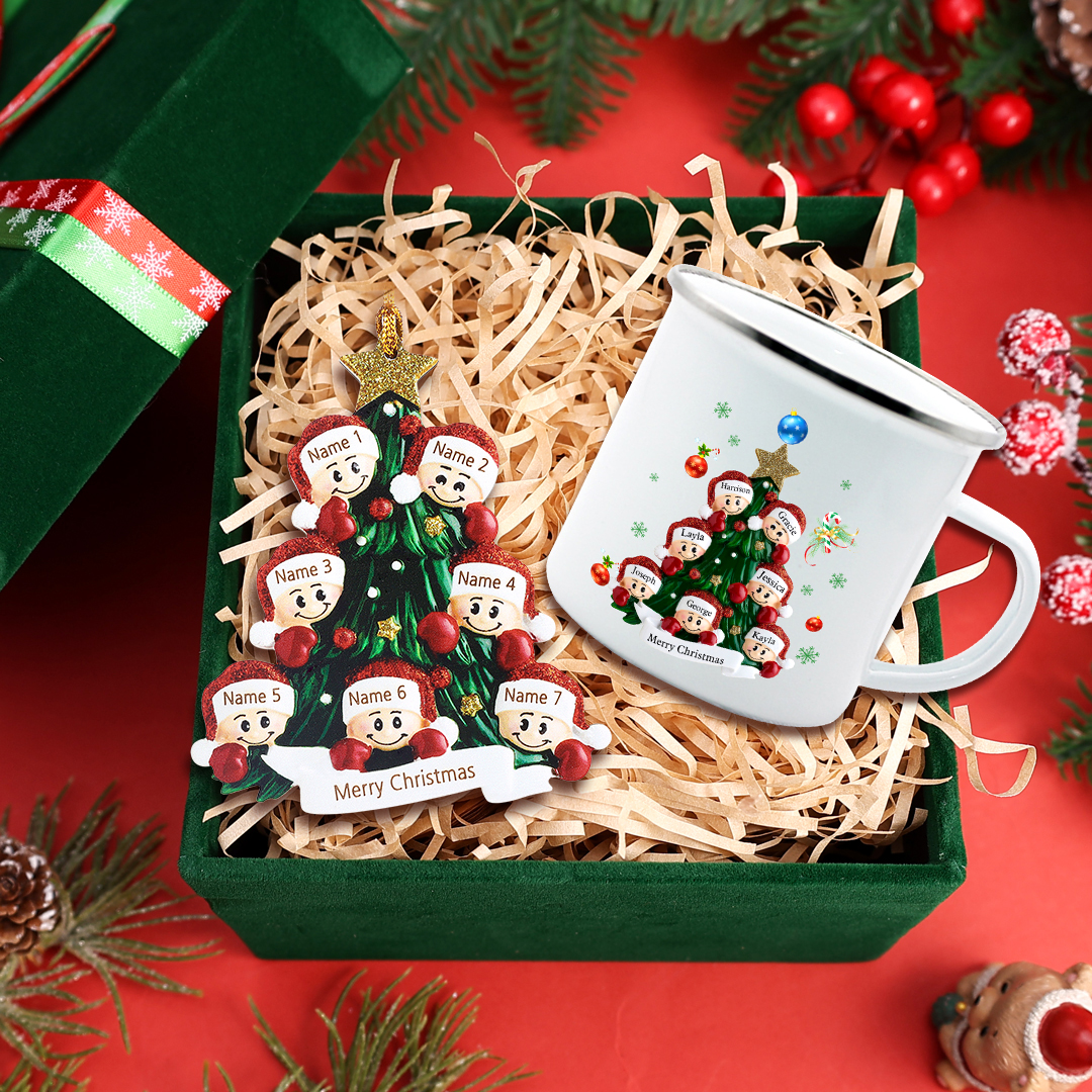 Personalised Family Christmas Tree Ornament Mug Set Custom 7 Names Gifts For Family